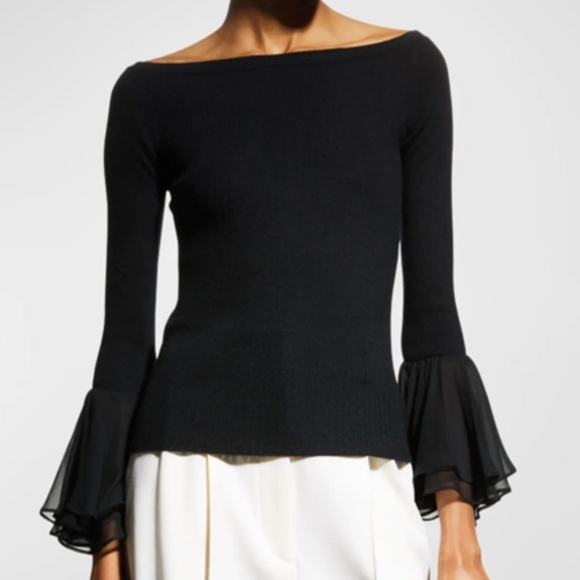 Neiman Marcus Sweaters - Off-shoulder sweater with chiffon ruff cuff (Neiman Marcus, medium)